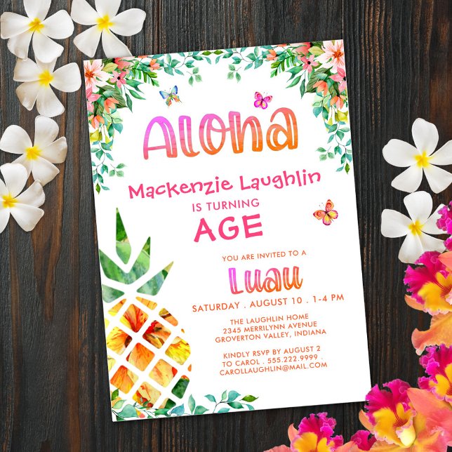 Tropical Luau Girl Birthday Aloha Pineapple Invitation (Creator Uploaded)