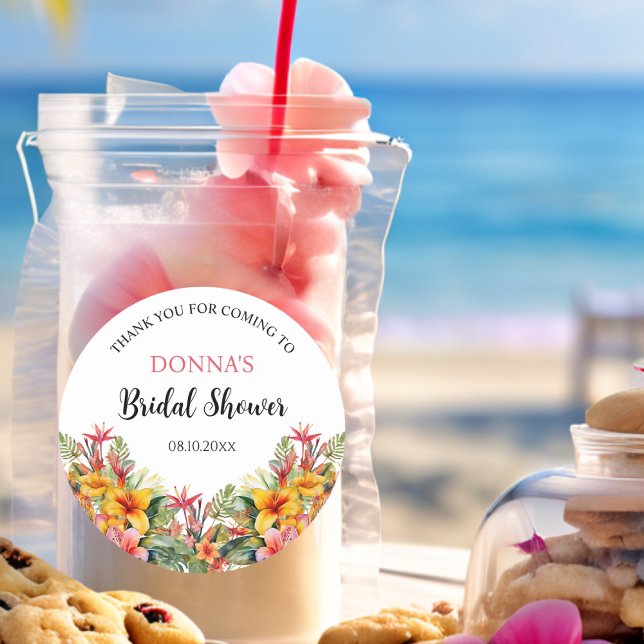 Tropical Luau Hawaiian Bridal Shower Classic Round Sticker (Creator Uploaded)