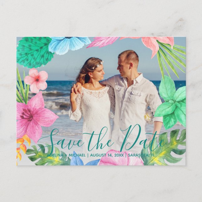 Tropical luau ocean wedding PHOTO save date script Announcement Postcard (Front)