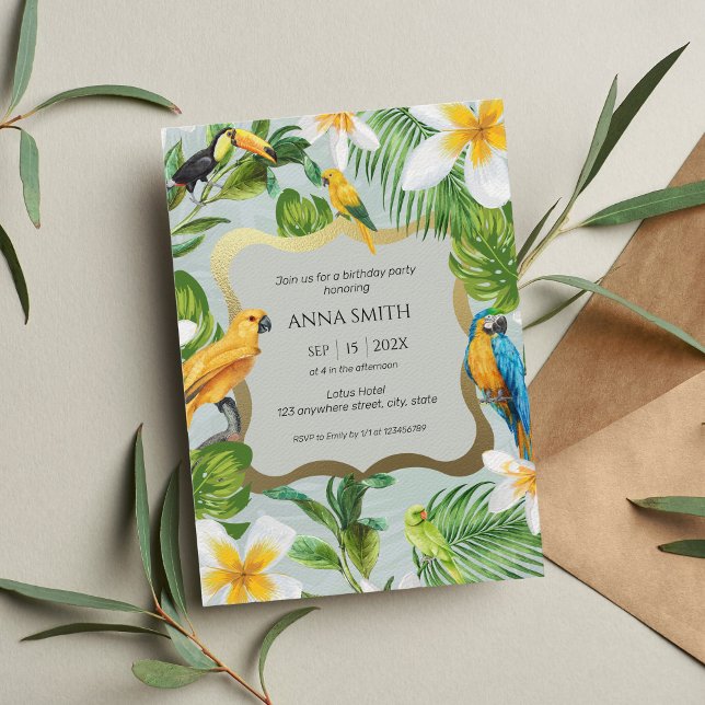Tropical Luau Parrots Plumeria Birthday Party Invitation (Creator Uploaded)