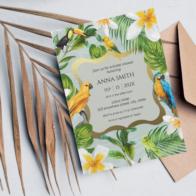 Tropical Luau Parrots Plumeria Bridal Shower Invitation (Creator Uploaded)