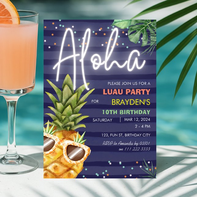 Tropical Luau Pineapple Beach Boy Blue Birthday  Invitation (Tropical Luau Pineapple Beach Boy Blue Birthday Invitation)