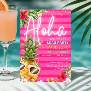Tropical Luau Pineapple Beach Pink Girl Birthday  Invitation