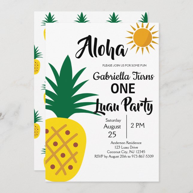 Tropical Luau Pineapple First Birthday Party Invitation (Front/Back)