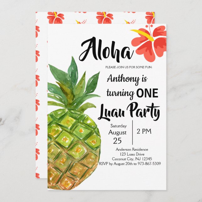 Tropical Luau Pineapple First Birthday Party Invitation (Front/Back)