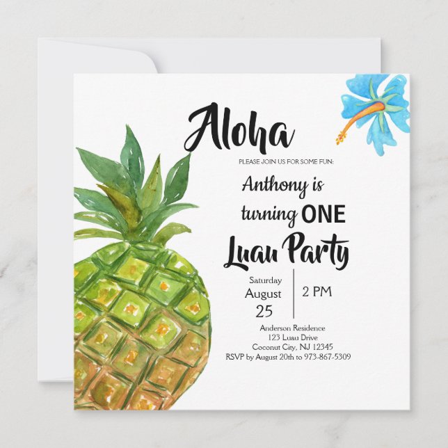 Tropical Luau Pineapple First Birthday Party Invitation (Front)