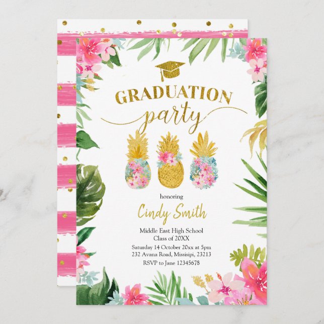 Tropical Luau Pineapple Graduation Invitation (Front/Back)