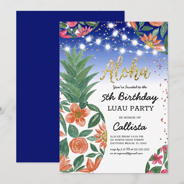 Tropical Luau Pineapple Lights Glitter Birthday Invitation (Front/Back)