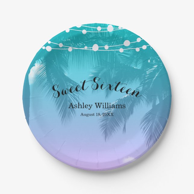Tropical Luau Teal Pink Sweet 16 Birthday Party Paper Plate (Front)