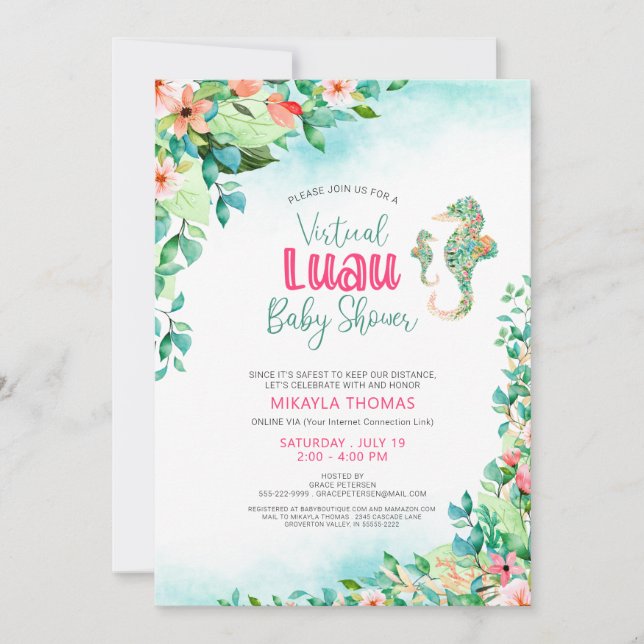 Tropical Luau Virtual Baby Shower Seahorses Invitation (Front)