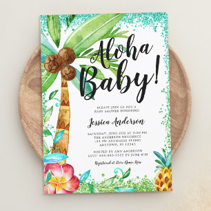 Tropical Luau Watercolor Faux Glitter Baby Shower Invitation