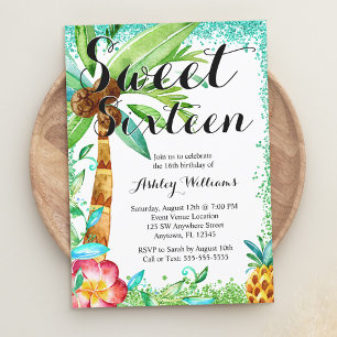 Tropical Luau Watercolor Faux Glitter Sweet 16 Invitation