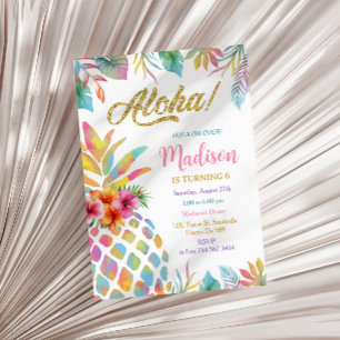 Tropical Luau Watercolor Pineapple Birthday Invitation