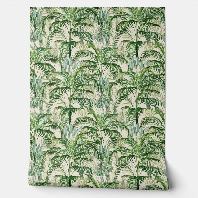 Tropical Lush Foliage Palm Leaves Pattern Wallpaper (Unrolling)