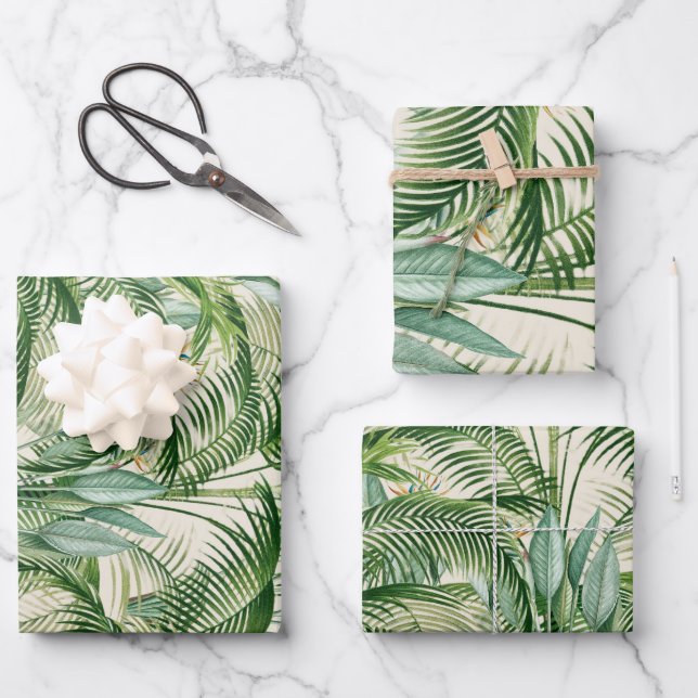 Tropical Lush Foliage Palm Leaves Pattern Wrapping Paper Sheet (Front)