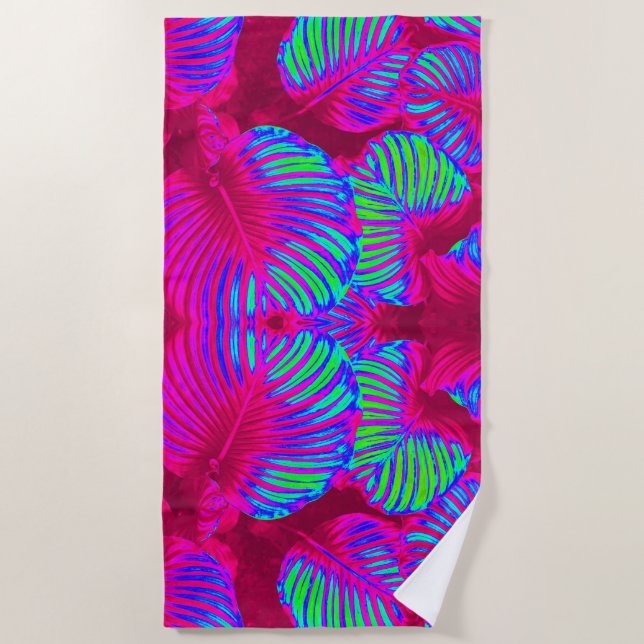 Tropical Lush Magenta Leaves Beach Towel (Front)