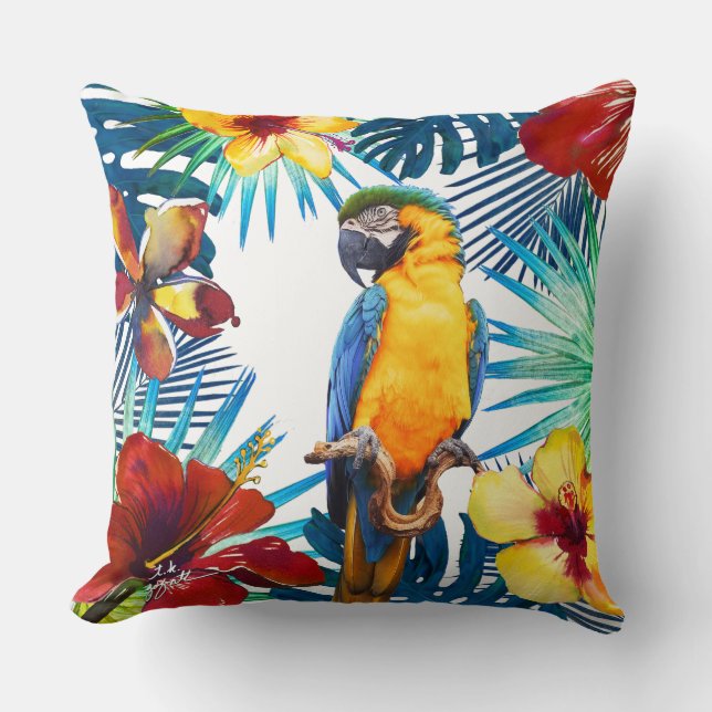 Tropical Macaw Parrot Yellow Teal Red Floral Beach Cushion (Front)