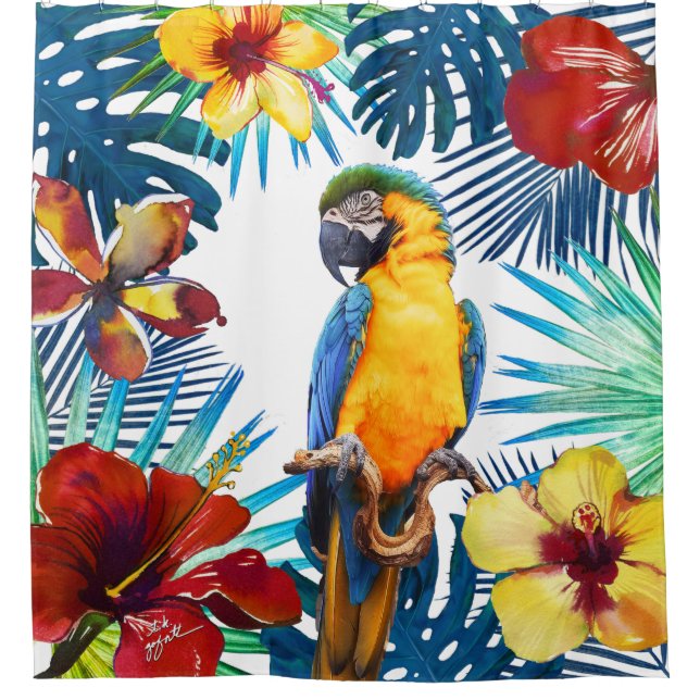 Tropical Macaw Parrot Yellow Teal Red Floral Beach Shower Curtain (Front)
