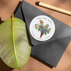 Tropical Macaw Save the Date Wedding Classic Round Sticker