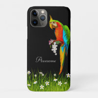 Tropical Macaw & White Flowers on Black