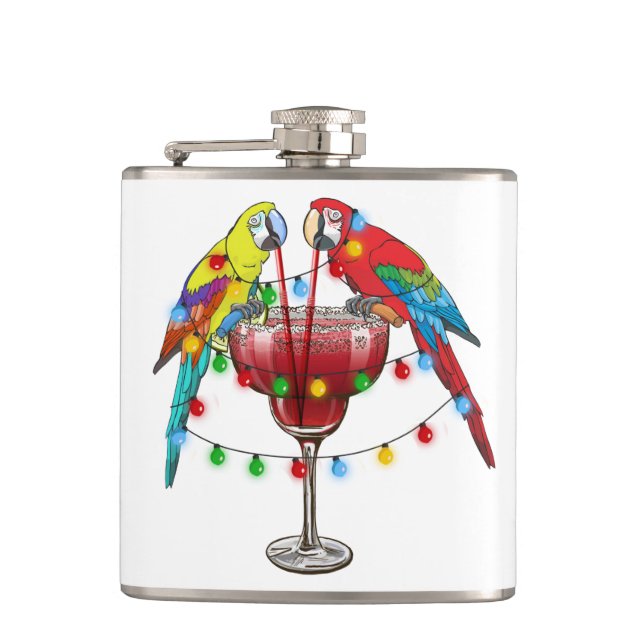 Tropical Macaws Drinking Wine Hip Flask (Front)