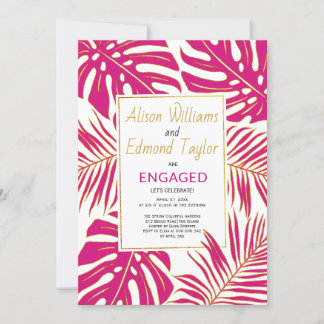 Tropical magenta, gold leaves engagement party invitation