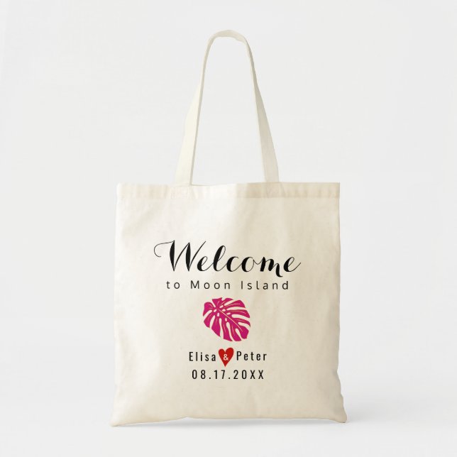 Tropical magenta leaf destination wedding welcome tote bag (Front)