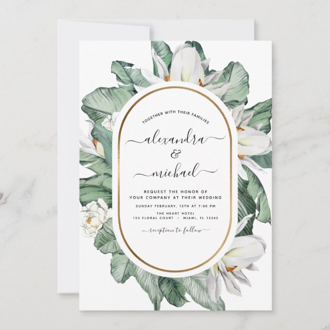 Tropical Magnolia Floral Greenery Wedding  Invitation (Front)