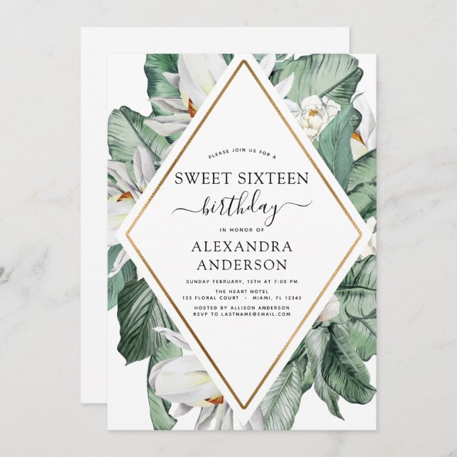 Tropical Magnolia Sweet Sixteen Birthday Party Inv Invitation (Front/Back)