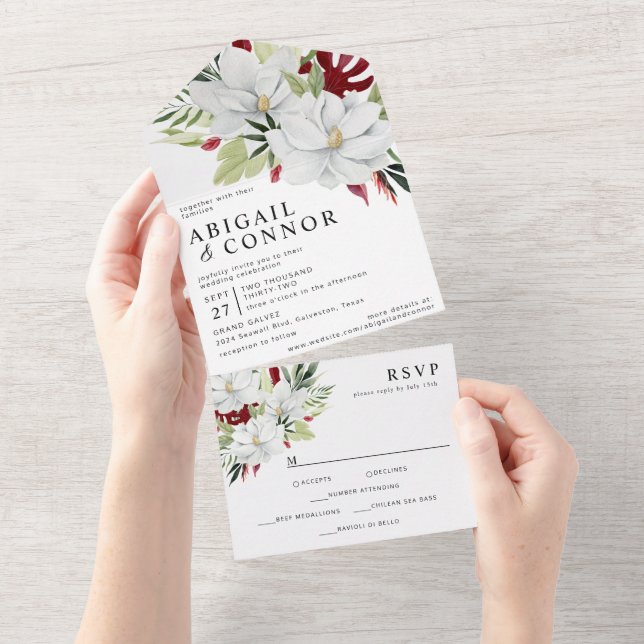 Tropical Magnolia White Green Red All In One Invitation (Tearaway)