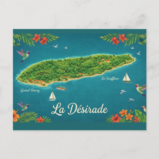 Tropical Map La Desirade, Guadeloupe Postcard (Front)