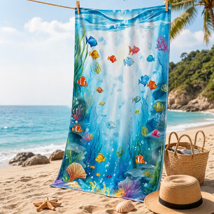 Tropical Marine Life Under the Ocean Watercolor Beach Towel