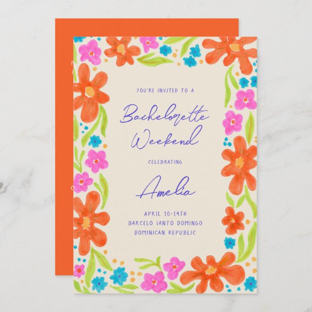 Tropical Marker Sketch Flower Border Bachelorette Invitation (Front/Back)