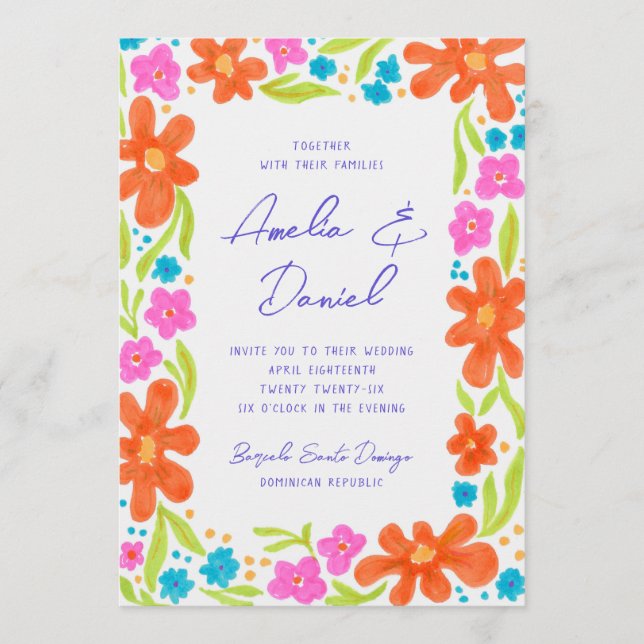Tropical Marker Sketch Flower Border Wedding Menu (Front)