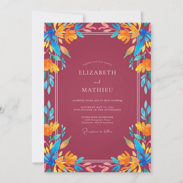 Tropical Maroon Orange Painted Wedding Invitation (Front)