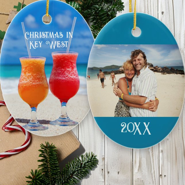 Tropical Marriage First Christmas Photo Keepsake Ceramic Tree Decoration (Creator Uploaded)