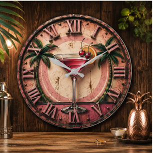 Tropical Martini Pink Cocktail Bar Decor Large Clock