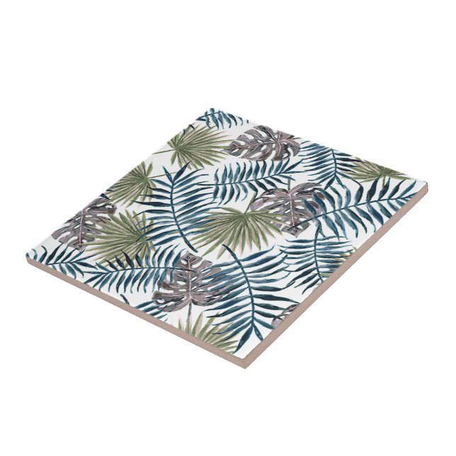 Tropical Mauve Green Palm Leaves Watercolor Art Ceramic Tile (Side)