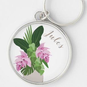 Tropical Medinilla Pink Flower Beige Vase on White Key Ring