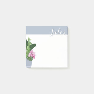 Tropical Medinilla Pink Flower Blue Vase Add Name Post-it Notes