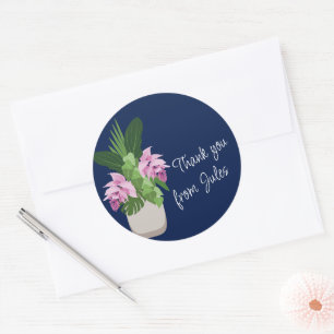 Tropical Medinilla Pink Flower Dark Blue Thank You Classic Round Sticker