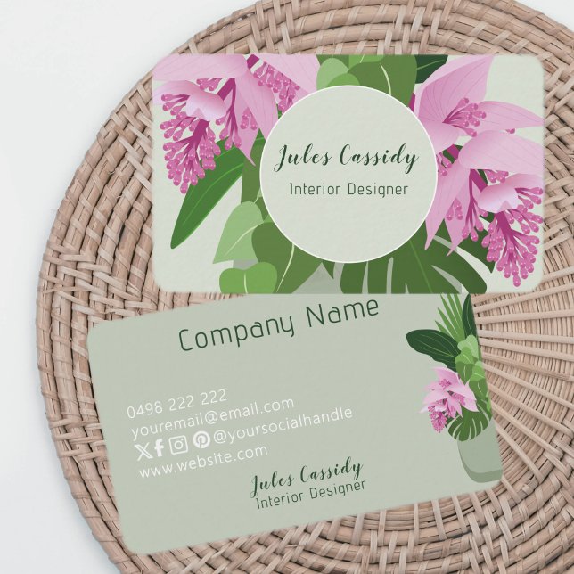 Tropical Medinilla Pink Flower Green Circle Business Card (Creator Uploaded)