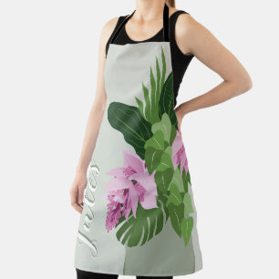 Tropical Medinilla Pink Flower Green Vase add Name Apron
