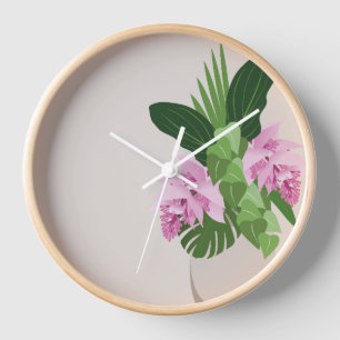 Tropical Medinilla Pink Flower in Beige Vase Clock