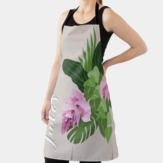 Tropical Medinilla Pink Flower in Beige Vase Name Apron (Insitu)