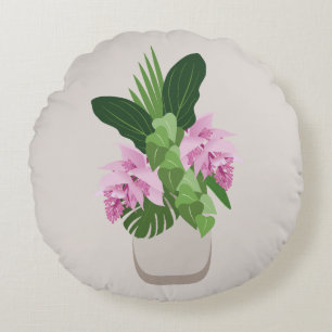 Tropical Medinilla Pink Flower in Beige Vase Round Cushion