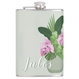 Tropical Medinilla Pink Flower in Green Vase Name Hip Flask