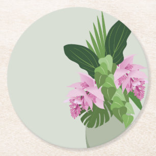 Tropical Medinilla Pink Flower in Green Vase Round Paper Coaster