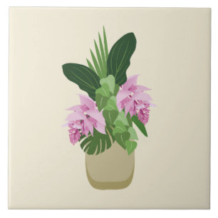 Tropical Medinilla Pink Flower in Yellow Vase Ceramic Tile