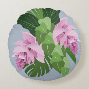 Tropical Medinilla Pink Flower on Blue Round Cushion